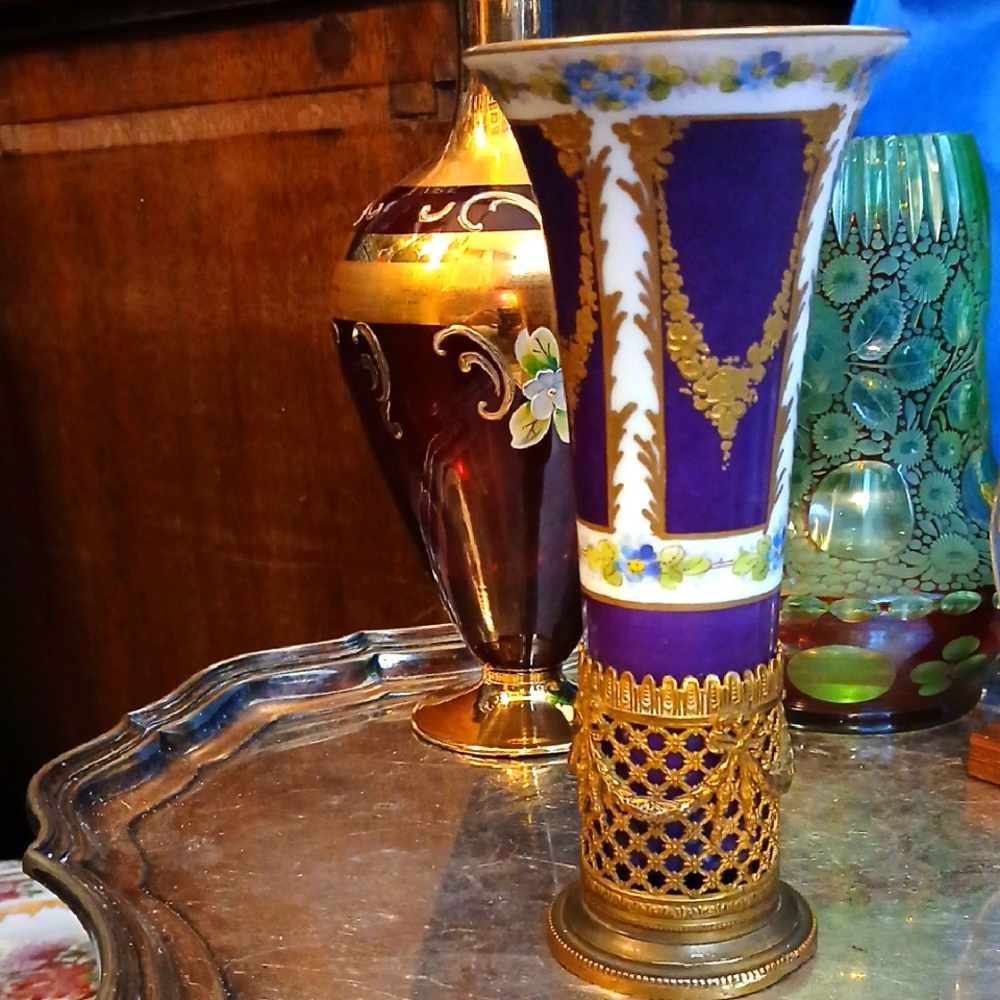 Elegant Purple and Gold French SEVRES Vase with Gilt Bronze Base.